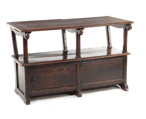 Oak 2-seater bench/table combination with storage space under the seat and 1 door in the front, as bench back 122 cm high, 12