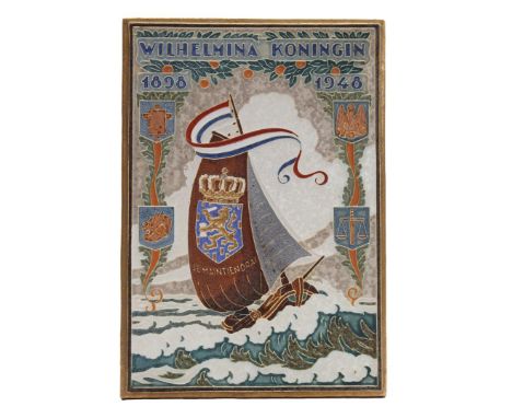 Porceleyne Fles Delft cloisonné earthenware tile Wilhelmina Queen, 1898-1948, 29.5x20.5 cm