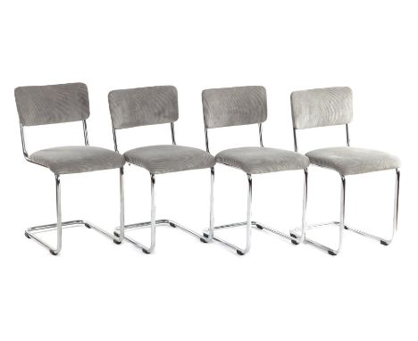 4 chromed metal tubular frame sled chairs with grey corduroy upholstery, backrest 78 cm high