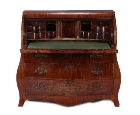 Mahogany veneer on oak cylinder desk, in nest 10 drawers, 2 secret drawers, door behind which drawer and shelf, 3-drawer base
