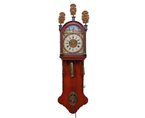 Frisian grandfather clock with laths on hood, painted dial and in oak case, Netherlands ca. 1850, 146 cm high