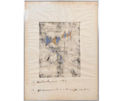 Anton Heyboer (1924-2005)Representation of figures in the middle of text, etching, dated 1977, own print, in frame, total 65.