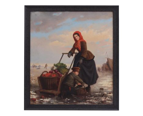 Anonymous, Dutch winter scene with servant with son on ice with sled full of vegetables, canvas ca. 1850, 68x61 cm (relined)