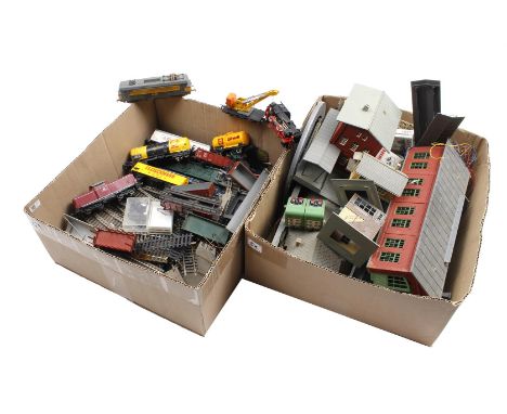 2 boxes of model trains with tracks and accessories including Fleischmann, Jouef and Roco
