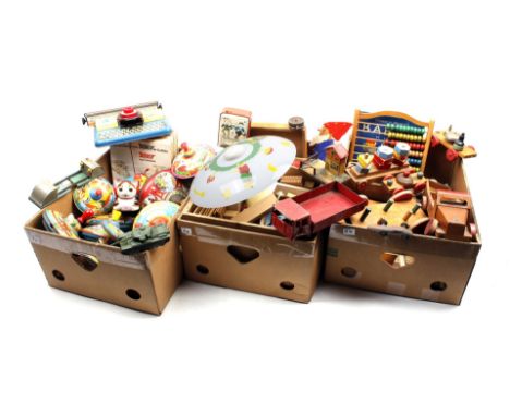 3 boxes with wooden toys, comic books, tin spinning tops and glass hanging lamp for children's room