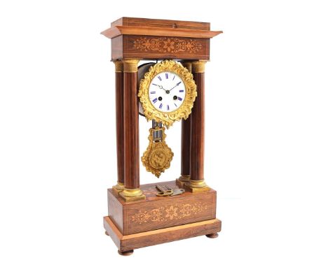Column pendulum, movement marked Vincenti, in walnut veneer case with marquetry, in Empire style, 52 cm high, 26 cm wide (sli