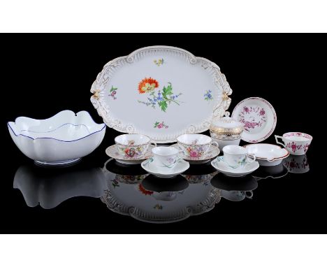 Oval Meissen porcelain bowl with polychrome floral decoration and bow ears, 41x29 cm, 2 cups and saucers with floral decorati