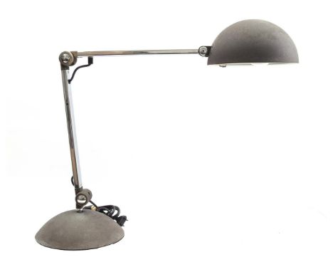 Chromed aluminum adjustable table lamp with gray-brown metal shade and base, ca. 1970, at right angle 57 cm high