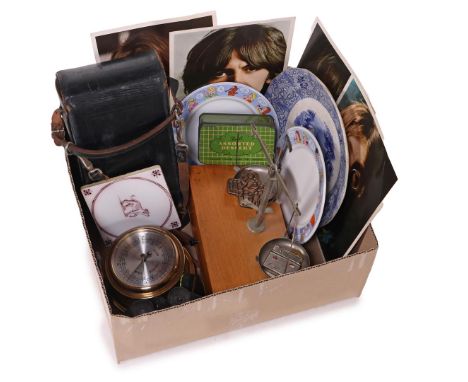Box of miscellaneous items including apothecary scales, barometer, binoculars and pictures of the Beatles