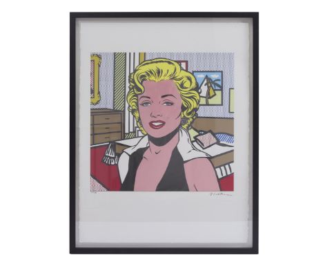 Signed J Lichtenstein, interior with woman, color lithograph 163/199, 48x49 cm, external dimensions are 84x65 cm
