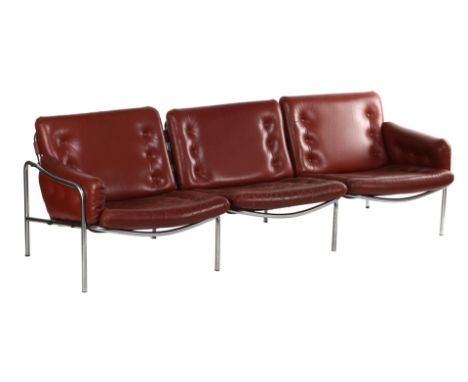 Martin Visser (1922-2009)Chromed metal tubular frame 3-seater sofa with burgundy leather cushions, design Martin Visser manuf
