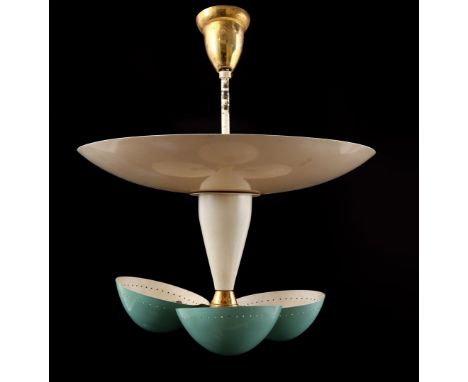 3-light aluminum pendant lamp with mint green perforated shades and brass accents, possibly manufactured by Stilnovo, ca. 196