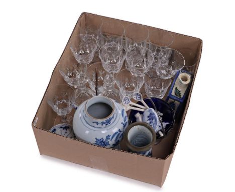 Box of various items consisting of crystal tableware, majolica bottle, 18th century glazed Delftware, miniatures and blue gla