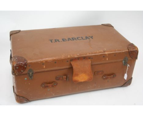 A Harrod's leather and canvas trunk 