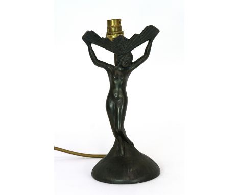 An Art Deco style table lamp base, decorated with nude female figure, 26cm 