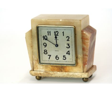 An alabaster Bayard 8 day mantel clock, for restoration, 15.5cm 