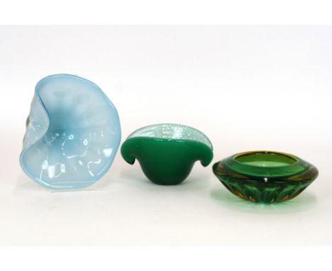 A Murano green and yellow glass bowl, an Opaline glass bowl and a clam bowl with pearl