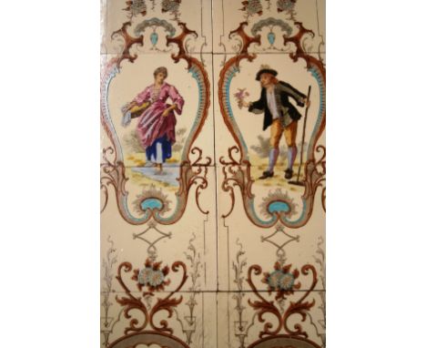 A set of ten Art Nouveau tiles, depicting male and female figures within floral decorated surround, each tile 15.5cm x 15.5cm