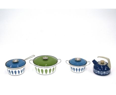 Three Norwegian enamel saucepans, and a West German enamel kettle