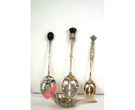A collection of silver cutlery, to include a Georgian silver caddy spoon; a sterling silver and enamel decorated spoon; five 
