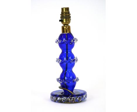 A vintage blue and clear Murano glass lamp base, attributed to Barovier with original paper label to base, 29cm 