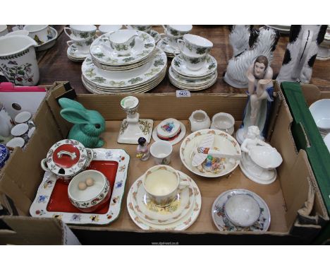 A quantity of china to incl. Bunnykins, Royal Worcester porcelain mermaid holding shell dish, crested ware including Carlton 