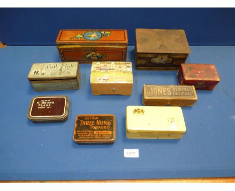 A quantity of old tins and boxes with contents including buttons, craft tools, etc.