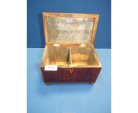 A two compartment Tea Caddy with inlay details and bun feet, 8" x 51/2" x 4 3/4".
