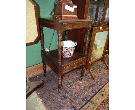 A Georgian Oak campaign type Bedside Table/Night Stand, the lower shelf having a frieze drawer below and supported on turned 