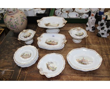 A part Dessert service by H. & R. Daniel with Landscape scenes, some marked with pattern number 4507 (some hairline cracks).
