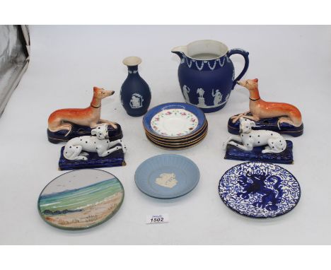 A quantity of china to include; three pieces of Wedgwood Jasperware, a pair of Staffordshire Greyhound spill holders (a/f), f