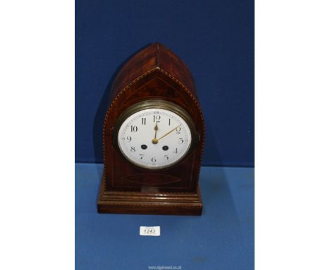 An Edward VII Mahogany inlaid lancet Mantle Clock, with pendulum and key 12 1/4" high.