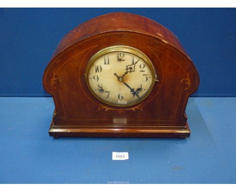 An Edwardian eight day mantle Clock, striking on a gong in a rosewood inlaid case, 14" high x 11 1/2" wide x 5" depth, 5 1/2"
