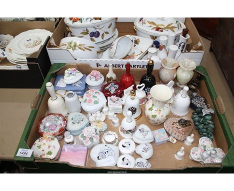 A quantity of china trinket pots and bells to include: Wedgwood "Hathaway Rose" bell, Hammersley "Bluebell" bell, Royal Alber