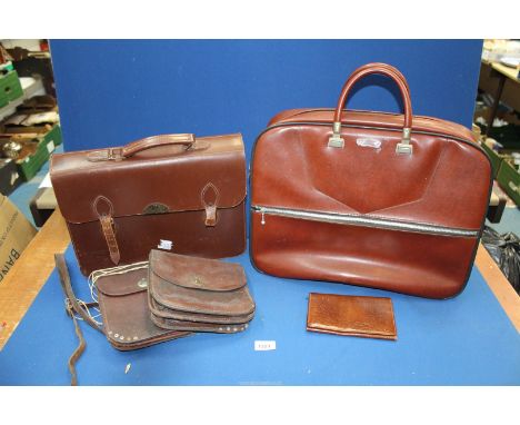 Two leather messenger shoulder Bags (as found), a leather overnight bag, a vintage leather briefcase and a Calf leather gentl