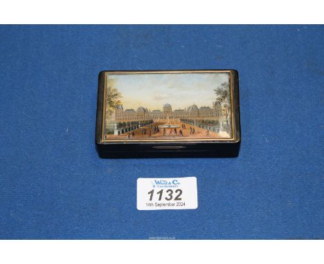 A 1800 Palais Royale tortoiseshell Patch Box, with a scene of the Tuileries Gardens to the lid, 3 1/2" x 2 1/8" x 7/8" high.