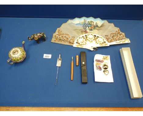 A German Aberthur polished rosewood cartridge pen with Schmidt iridium nib (boxed), a ladies linen fan painted with Goya peri