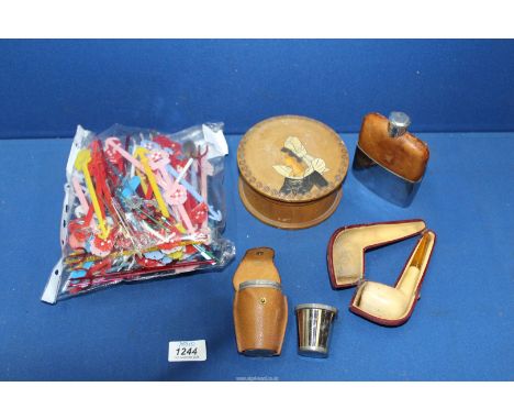 A small quantity of miscellanea to include; a hip flask and cups in leather holder, smoking pipe, cocktail sticks and a circu
