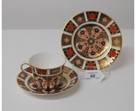 FIRST QUALITY ROYAL CROWN DERBY IMARI TRIO NO.1128, PLATE XLII (1979), SAUCER XLIII (1980), CUP XLII (1979).