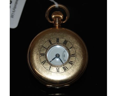 POCKET WATCH WITH KEYLESS MOVEMENT SUBSIDIARY SECONDS DIAL IN A 1/2 HUNTER GOLD PLATED CASE WITH ENGINE TURNED DECORATION.