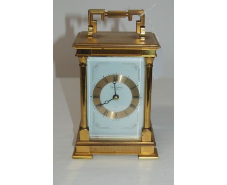 GOOD QUALITY LARGE FRENCH STYLE BRASS CARRIAGE CLOCK WITH 4 PANELS BEVELLED GLASS WITH KEY, DU CHATEAU MADE IN WEST GERMANY. 