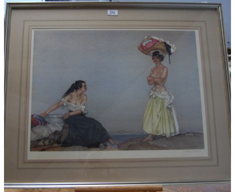 A PRINT ROSA AND MARISSA, SIGNED W RUSSEL FLINT IN PENCIL LOWER RIGHT, WITH A BLIND STAMP LOWER LEFT. 44.5 X 60.5CM.