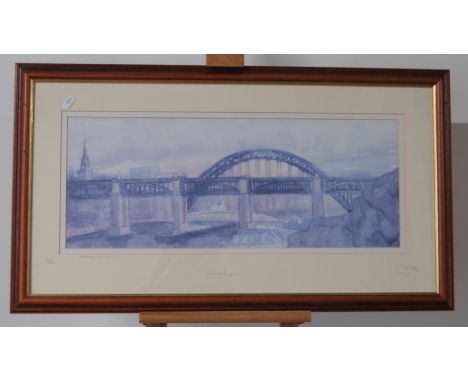 A MODERN LTD EDITION PRINT NO. 404 OF 475 TITLED COMING HOME, A STUDY OF THE BRIDGES OVER THE RIVER TYNE, NEWCASTLE, SIGNED B