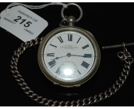 ANTIQUE C.W.S RAILWAY REGULATOR SWISS MADE OPEN FACED POCKET WATCH WITH KEYED MOVEMENT IN AN ENGINE TURNED SILVER CASE WITH B