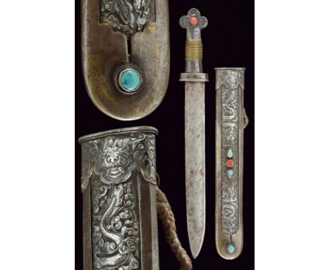 dating: 19th Century provenance: Tibet, Wide, straight, single-edged blade. Hilt covered with silver foil finely engraved wit