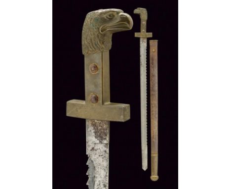 dating: 1848 provenance: Papal States, Straight, single-and short false-edged blade with saw back. Solid brass hilt with rect