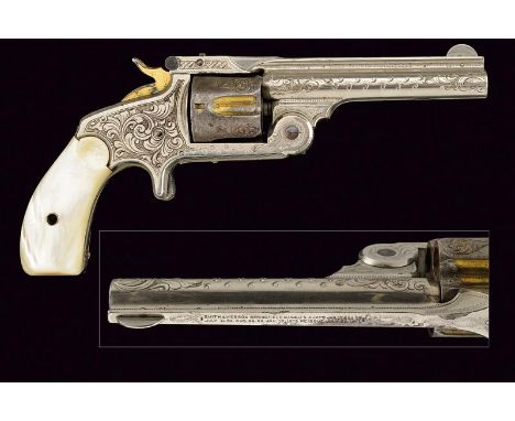 dating: 1875-1890 provenance: USA, Round, rifled, cal. 38 S&W barrel, rib with patents marking, semicircle fore-sight, engrav