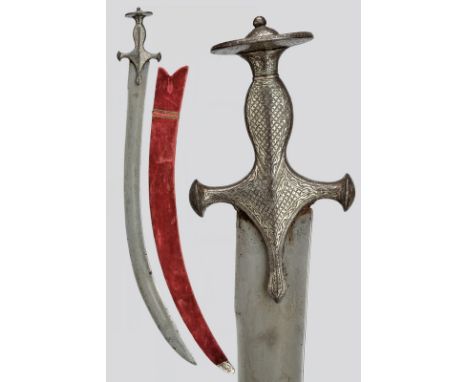 dating: circa 1800 provenance: India, Wide, curved, damask, single-and false-edged blade with slight fuller and tang; typical