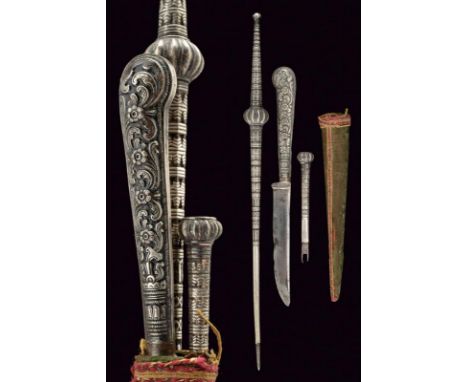 dating: 19th Century provenance: Ottoman Empire, Wooden scabbard covered with green velvet (worn-out) containing a knife, a f