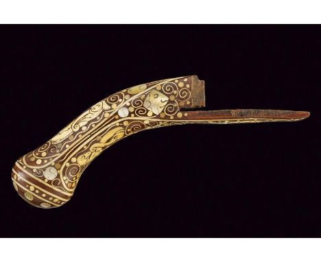 dating: circa 1600 provenance: Germany, Wooden, shaped as pistol's butt with spherical pommel, richly inlaid with bone and mo